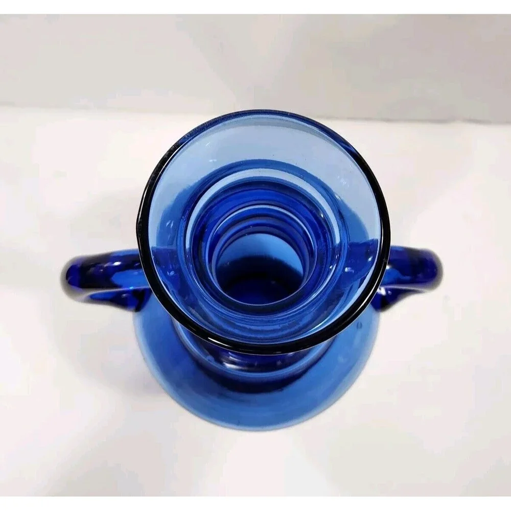 Vintage Cobalt Blue Hand Blown Vase Glass Applied Handles Made In Spain